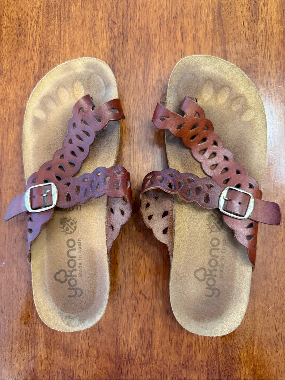 Yokono Brown Leather Cutout Slide Sandals